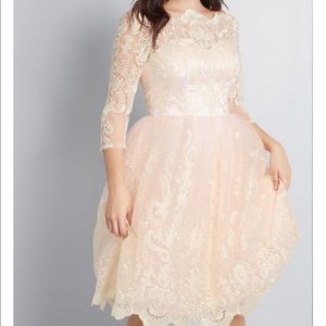 Blush pink and cream lace tea length wedding dress